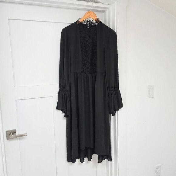 Nanette Lepore Dresses & Skirts - 🆕️ Nanette Lepore Mock Nexk Pleated Lace Bell Sleeve Midi Dress in Black